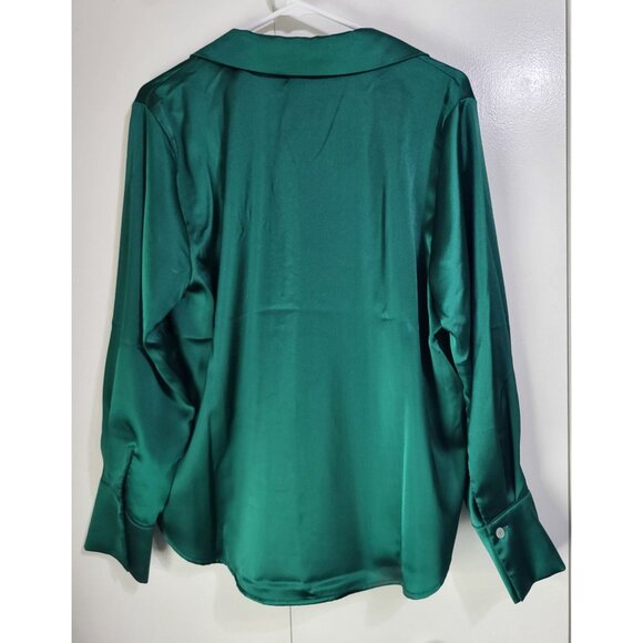 Rachel Zoe XL Satin Green Button Down Blouse Holiday Glam Jewel Tone Secretary - Picture 3 of 8